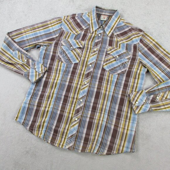 True Religion Shirt Mens 3XL Brown Blue Plaid Pearl Snap Button Western Pockets - Picture 2 of 11